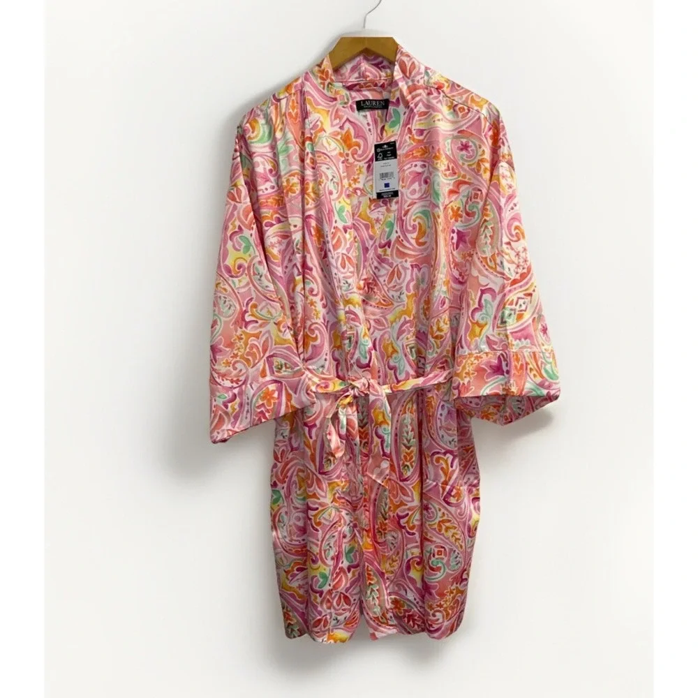 Lauren Ralph Lauren Women's Size L Satin Paisley Print‎ Robe Pink Belted Pockets
